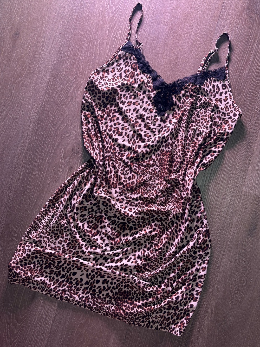 George Pink Leopard Satin Chemise with Black Lace